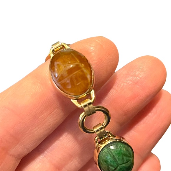 Vintage 10K Gold Filled Egypt SCARAB carved stone bug link bracelet - Picture 10 of 10